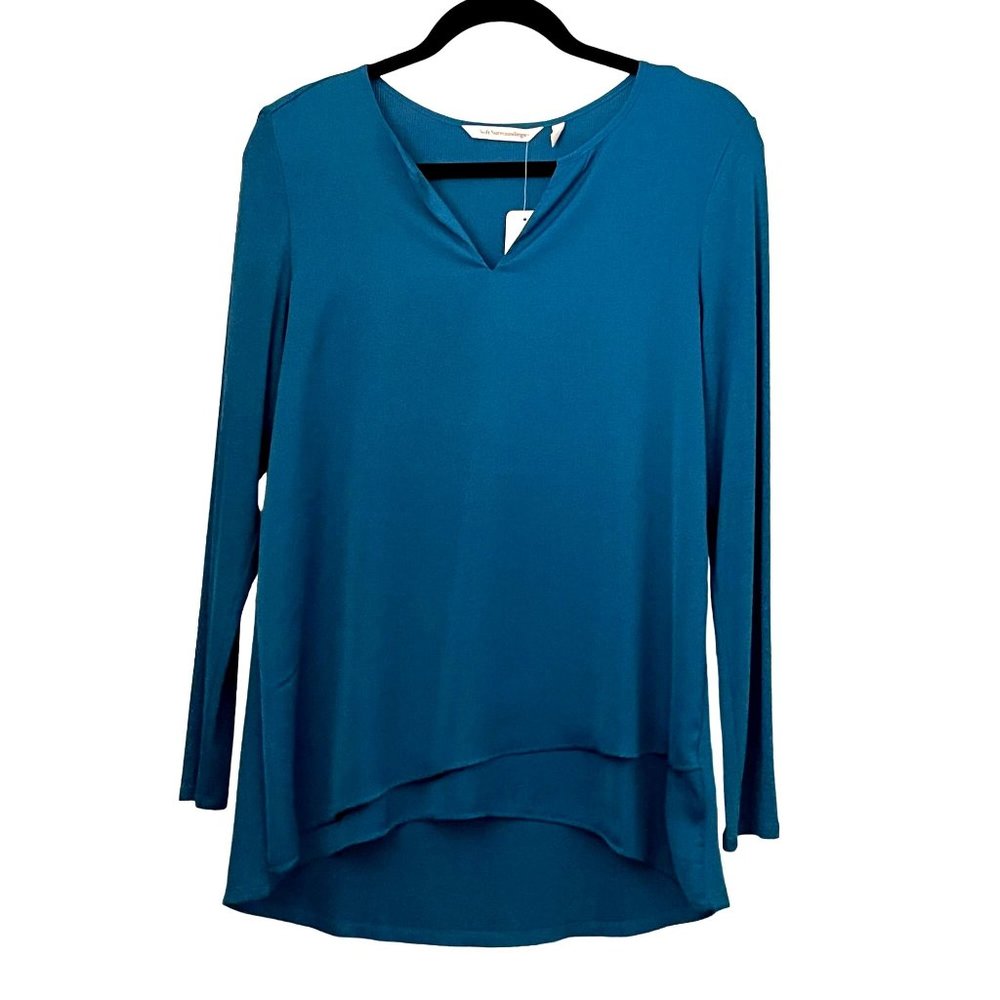 Soft Surroundings Alix Top Asymmetrical‎ Drape Tunic Enamel Blue Long Sleeve XS